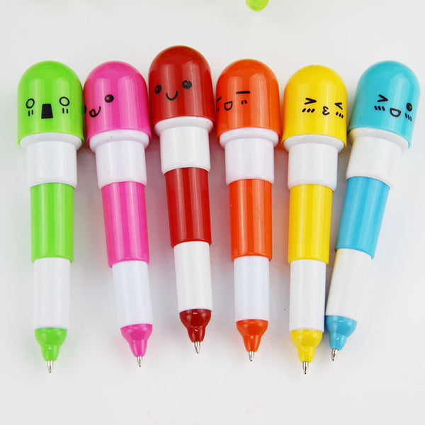 6PCS Cute Smiling Face Pill Ball Point Pen Pencils Telescopic Vitamin Capsule Ballpen for School Office Supplies