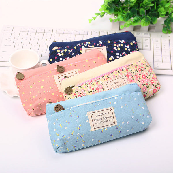 School Pencil Bag Pencil Pouch Double Zipper Pure and Fresh Cosmetic Bags Office Stationery Canvas Pencil Case